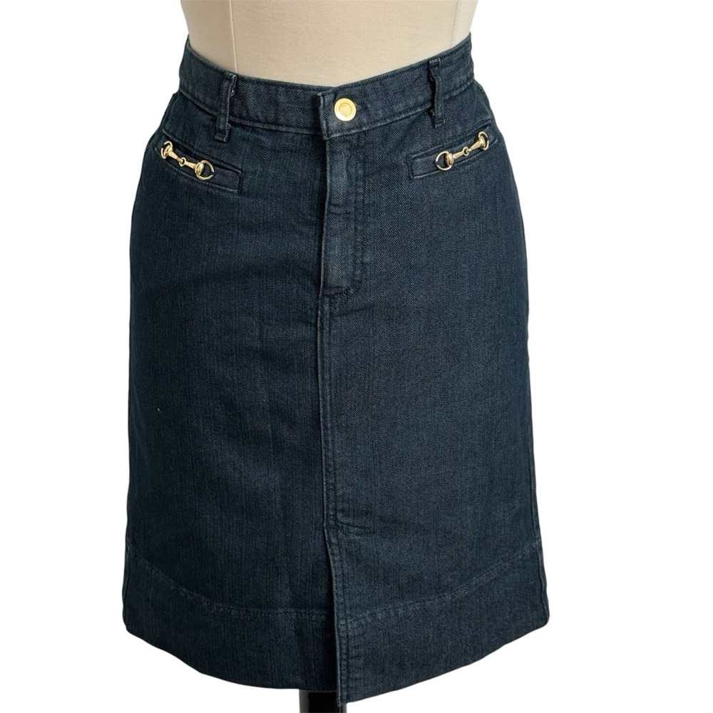 George ME Designs by Mark Eisen, Blue Denim Skirt with Gold-Tone Chain Accents